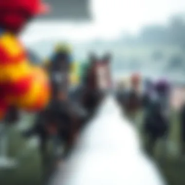 Jockeys in colorful uniforms competing during the race