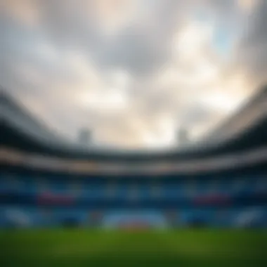 A panoramic view of Reykjavik's football stadium under a cloudy sky.